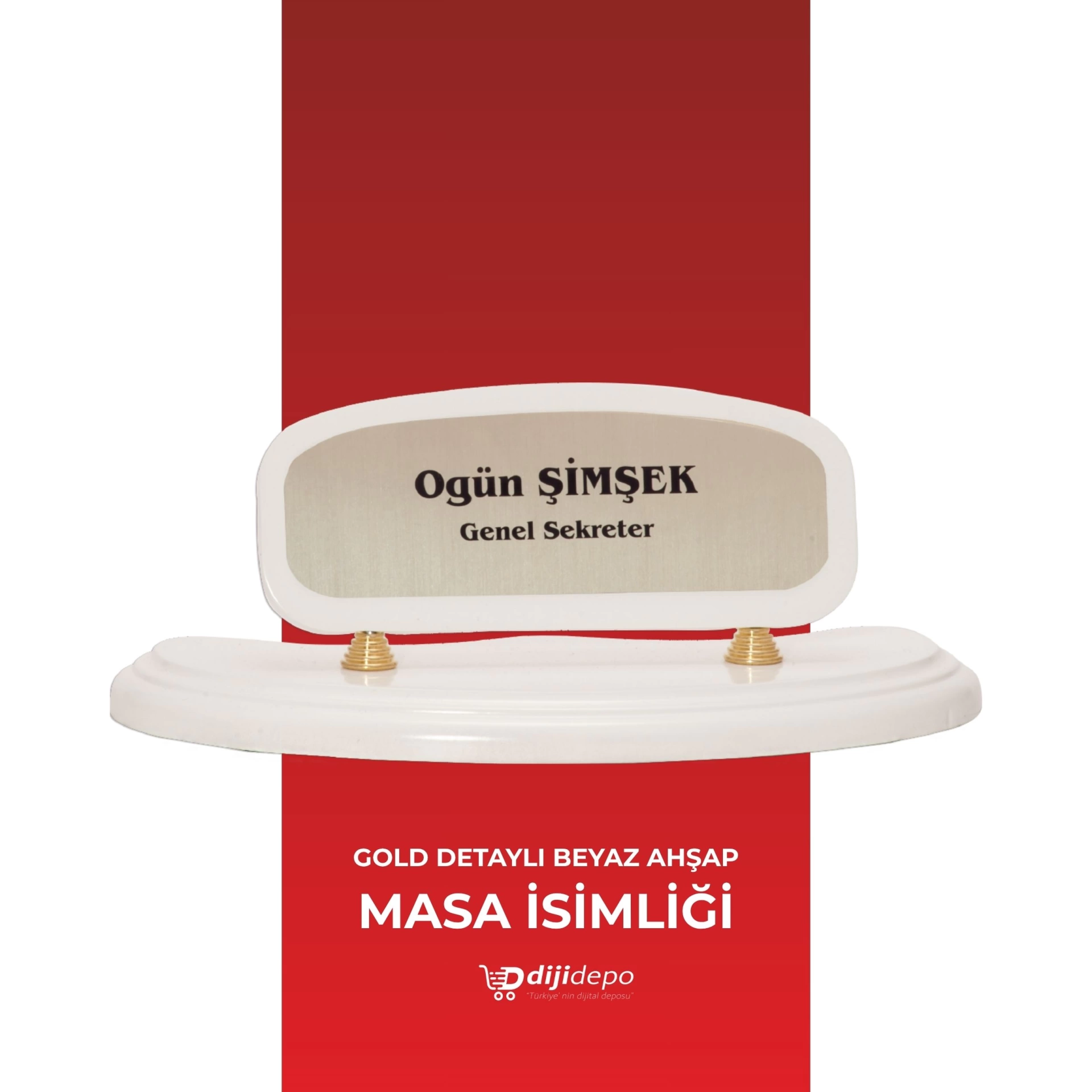Dijidepo Gold Detaylı Beyaz Ahşap Masa İsimliği - Kişiye Özel Baskılı Ofis Hediyesi - Oval Kesim Masaüstü İsimlik