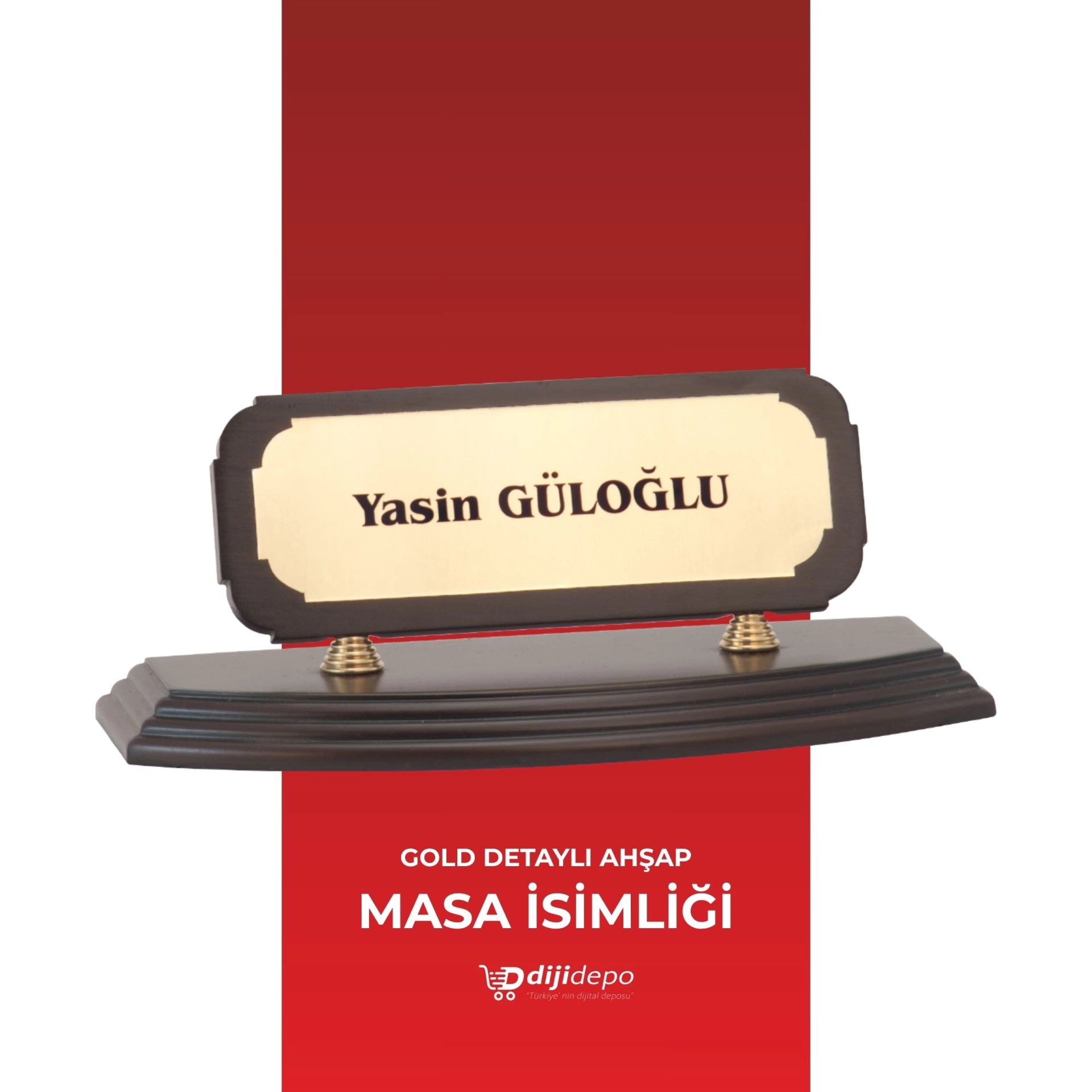 Klasik Ahşap Masa İsimliği Gold Plakalı - Kişiye Özel Baskılı Ofis Masaüstü İsimlik - Ceviz Renk Makam İsimliği