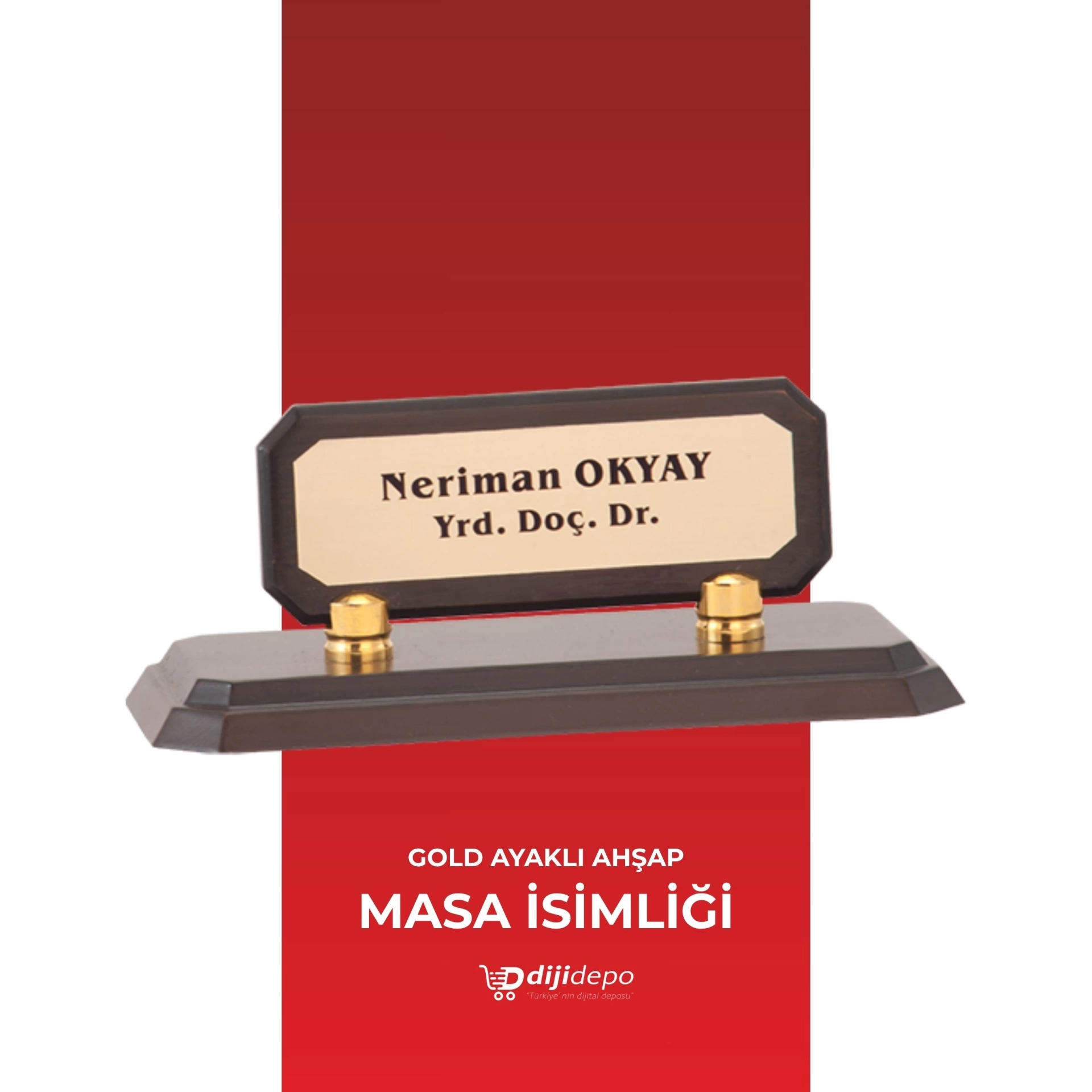 Gold Ayaklı Ahşap Masa İsimliği - Kişiye Özel Baskılı Köşeli Ofis İsimliği - Modern Ceviz Ahşap İsimlik
