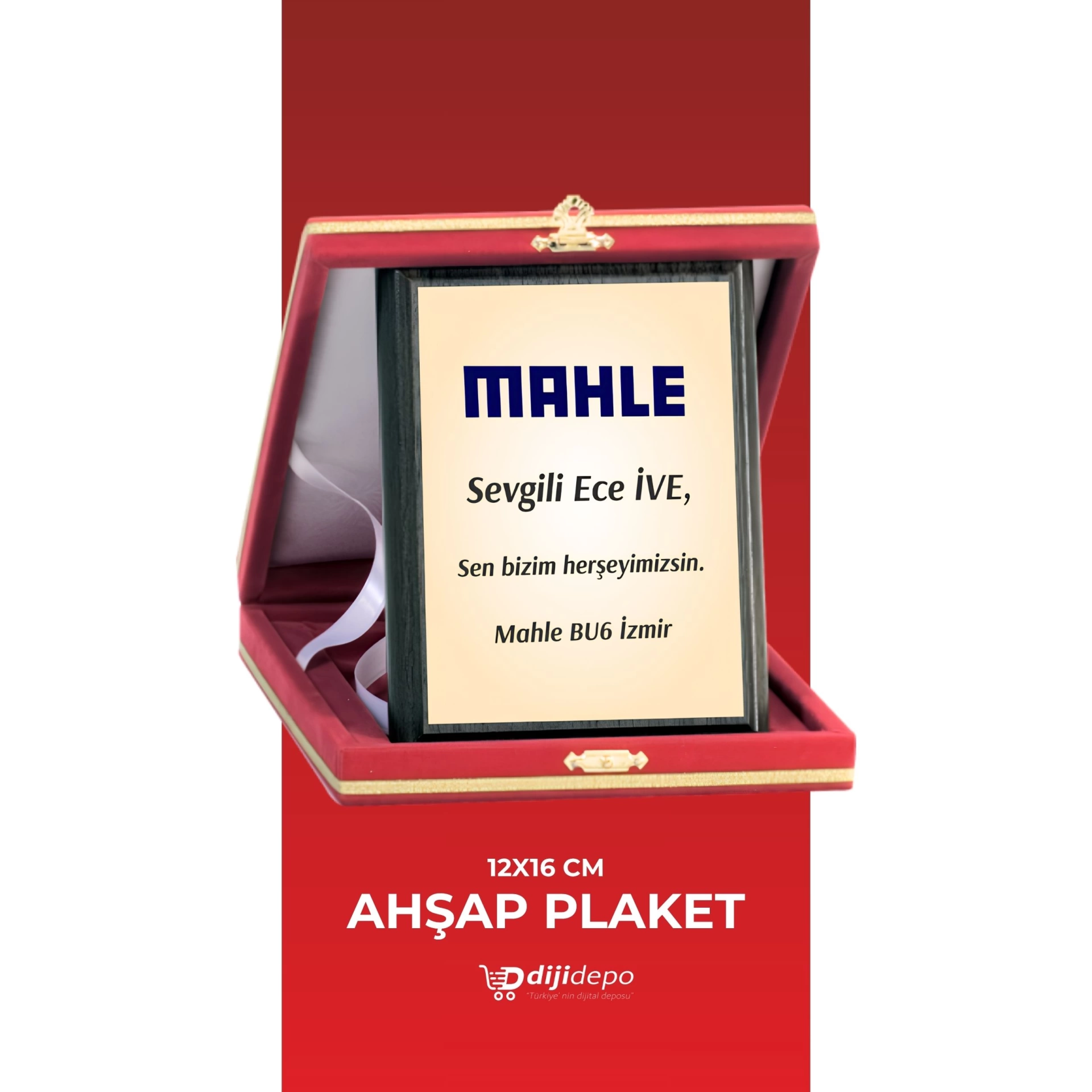Lüks Kırmızı Kadife Kutulu Ahşap Plaket -  Kişiye Özel Baskılı Teşekkür ve Başarı Ödülü