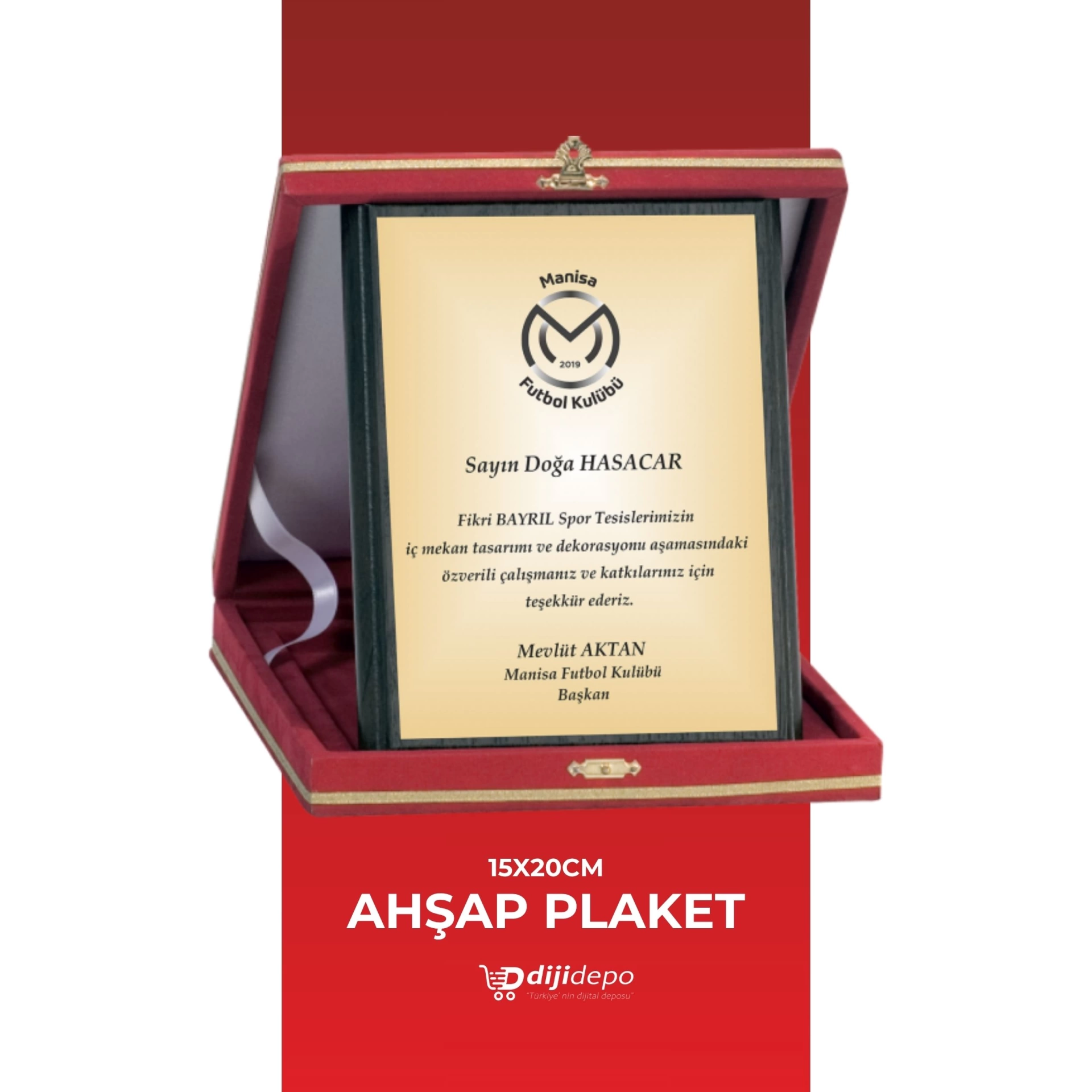 Lüks Kırmızı Kadife Kutulu Ahşap Plaket -  Kişiye Özel Baskılı Teşekkür ve Başarı Ödülü