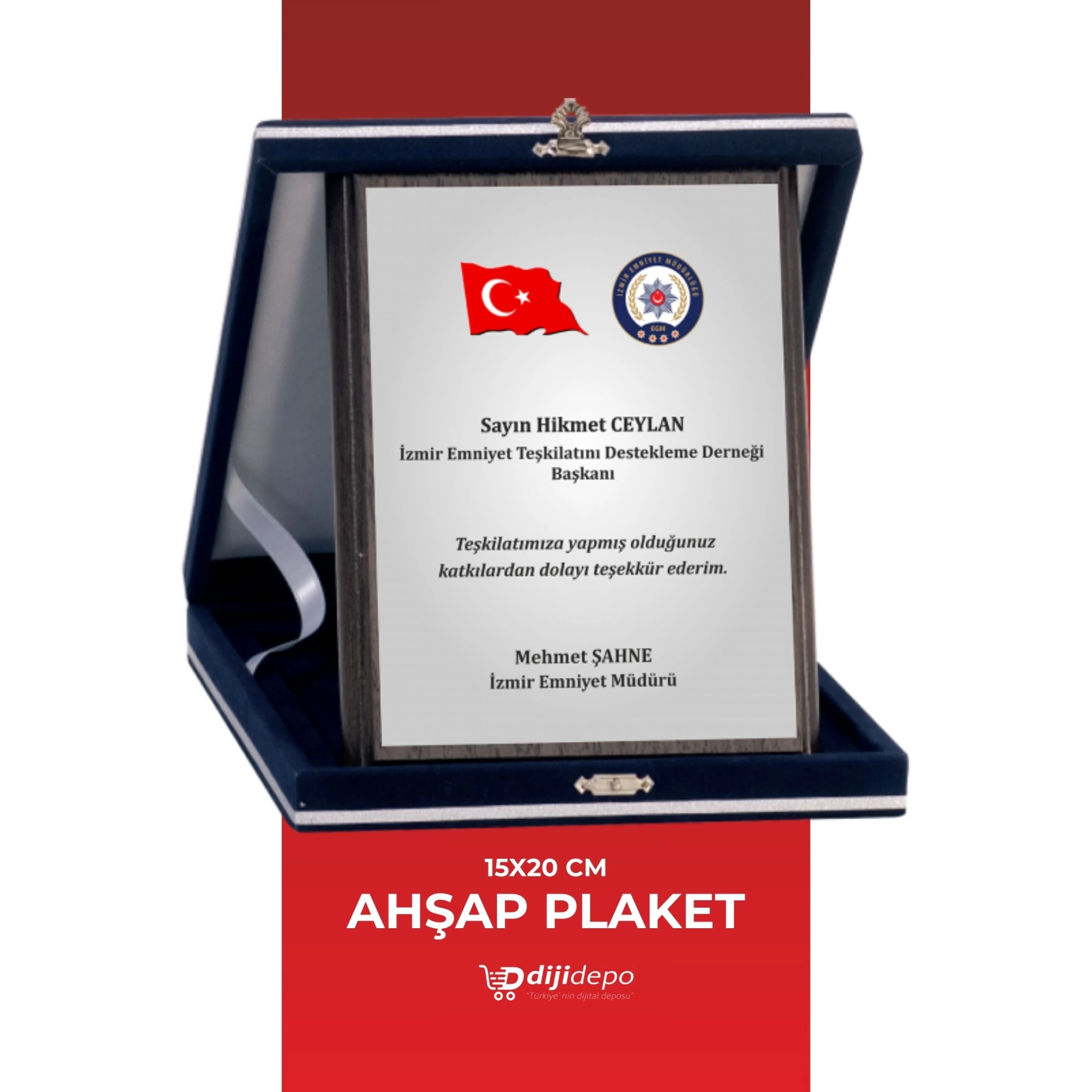 Lüks Lacivert Kadife Kutulu Ahşap Plaket - Kişiye Özel Logolu Kurumsal Teşekkür ve Başarı Ödülü