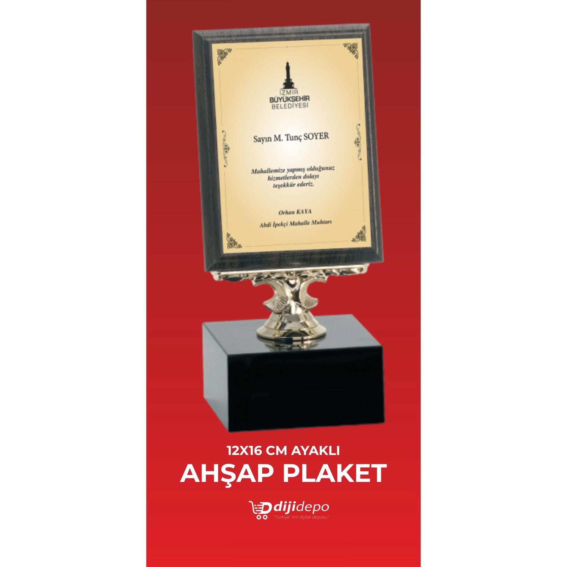 Mermer Kaideli Lüks Ayaklı Ahşap Plaket - Altın Detaylı Kişiye Özel Başarı ve Onur Ödülü