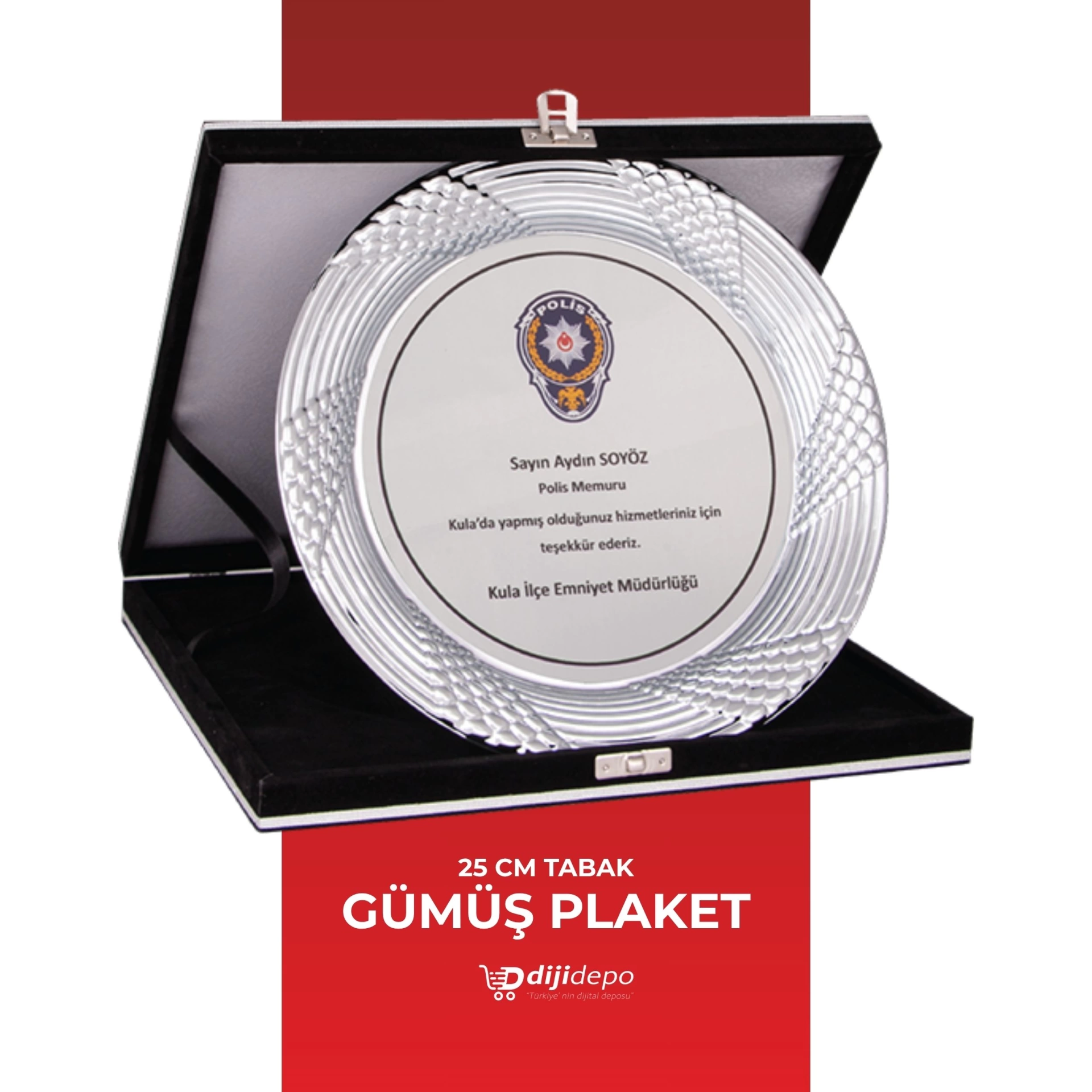 Lüks Kadife Kutulu Gümüş Tabak Plaket - İşlemeli Desenli Kişiye Özel Kurumsal Teşekkür ve Onur Ödülü