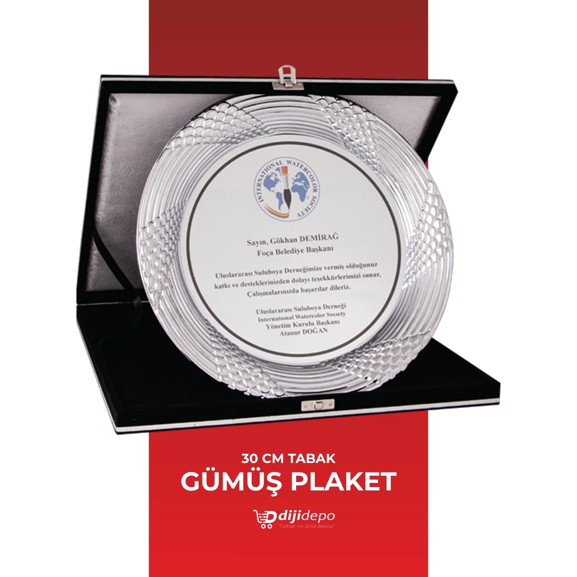 Lüks Kadife Kutulu Gümüş Tabak Plaket - İşlemeli Desenli Kişiye Özel Kurumsal Teşekkür ve Onur Ödülü