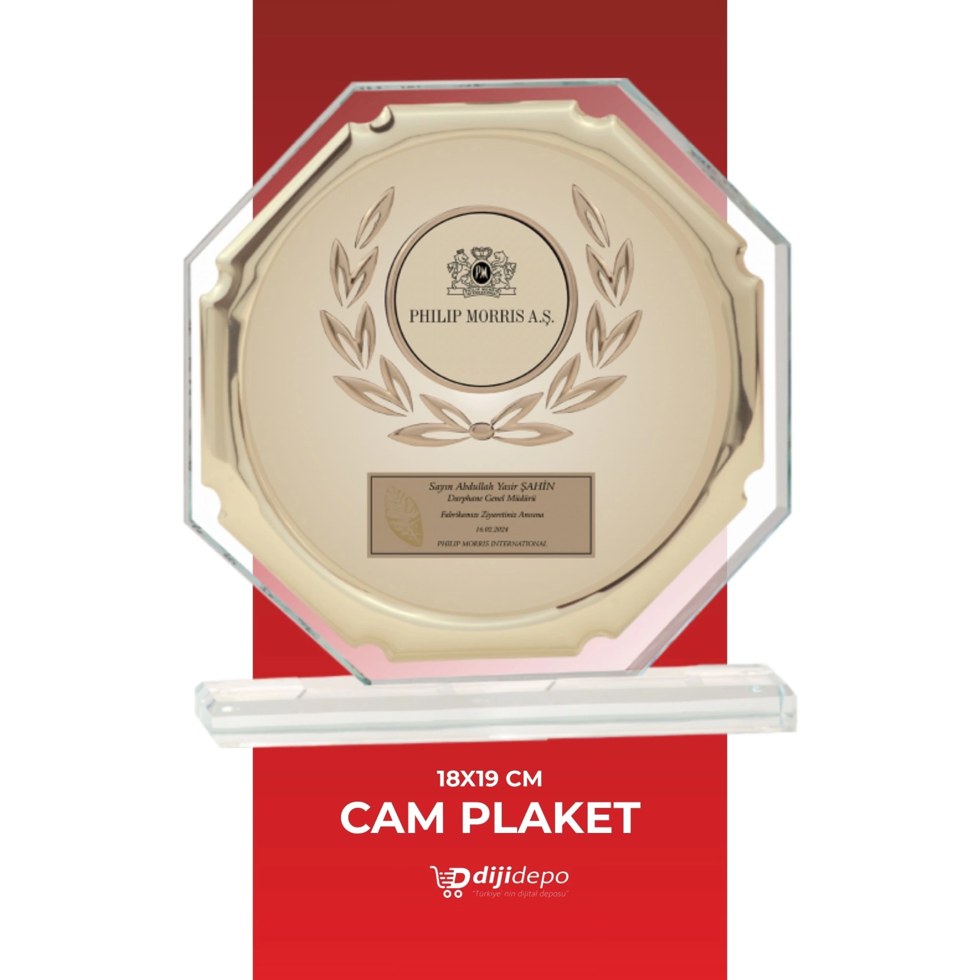 Sekizgen Kristal Cam Plaket - 18x19 cm Altın Çerçeveli Kişiye Özel Kurumsal Başarı Ödülü