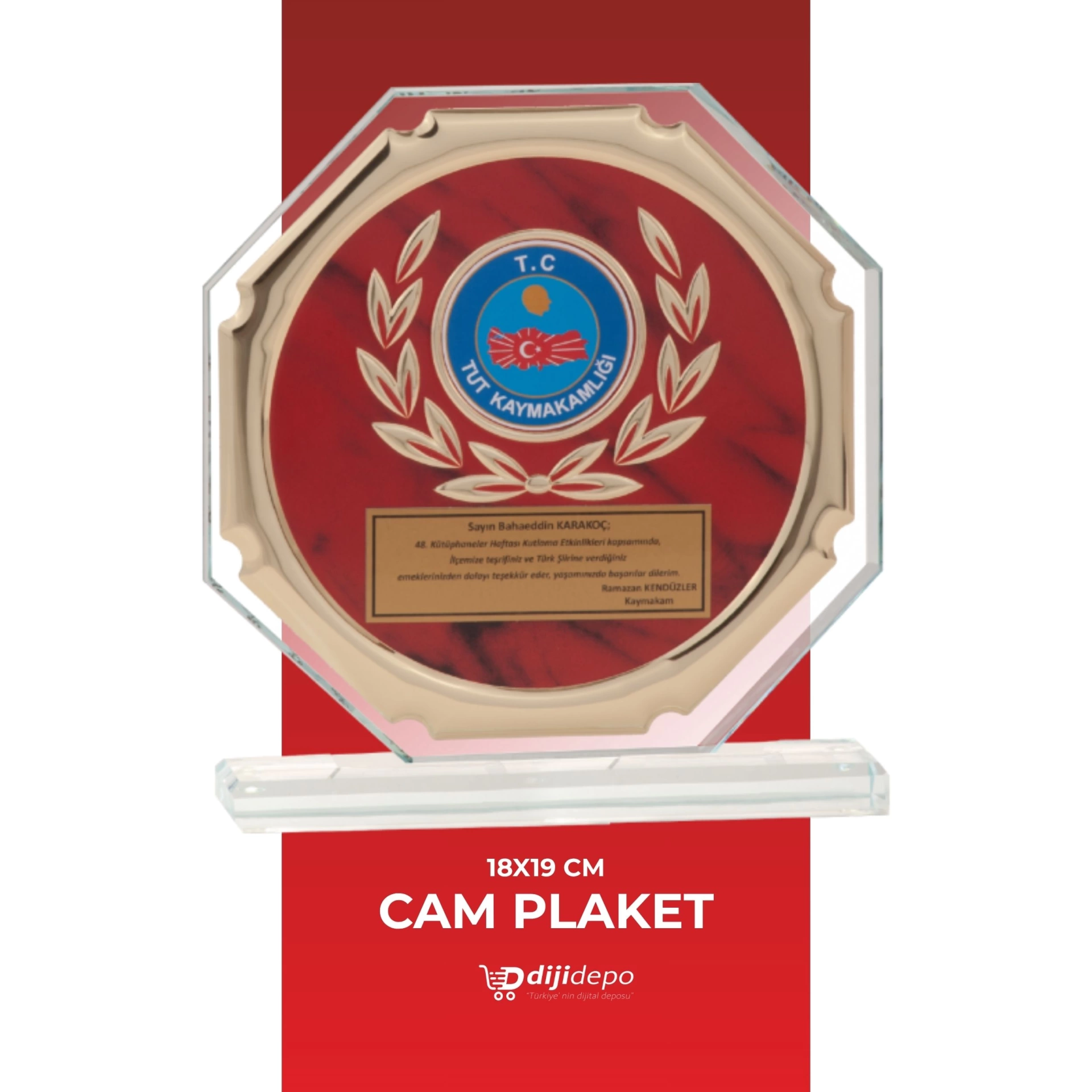 Sekizgen Kristal Cam Plaket - 18x19 cm Altın Çerçeveli Kişiye Özel Kurumsal Başarı Ödülü