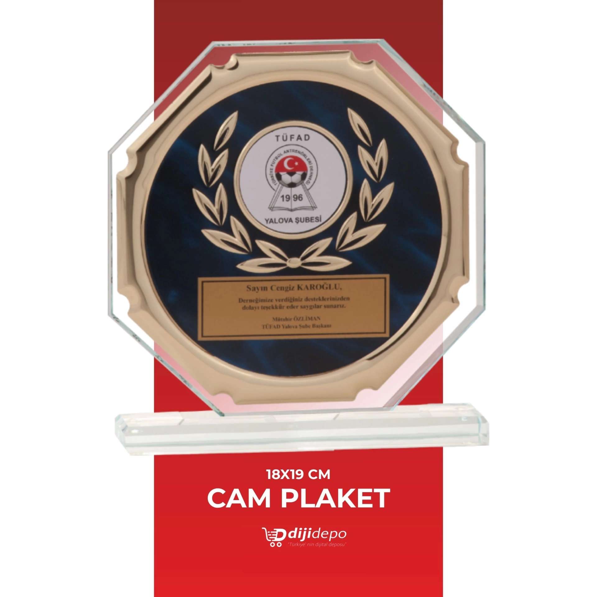 Sekizgen Kristal Cam Plaket - 18x19 cm Altın Çerçeveli Kişiye Özel Kurumsal Başarı Ödülü