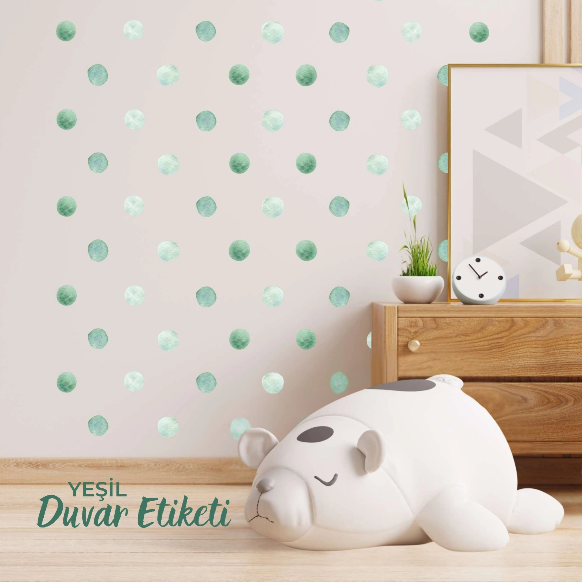 Yeşil Puantiye Desenli Çocuk Odası Duvar Etiketi - Suluboya Efektli Sticker