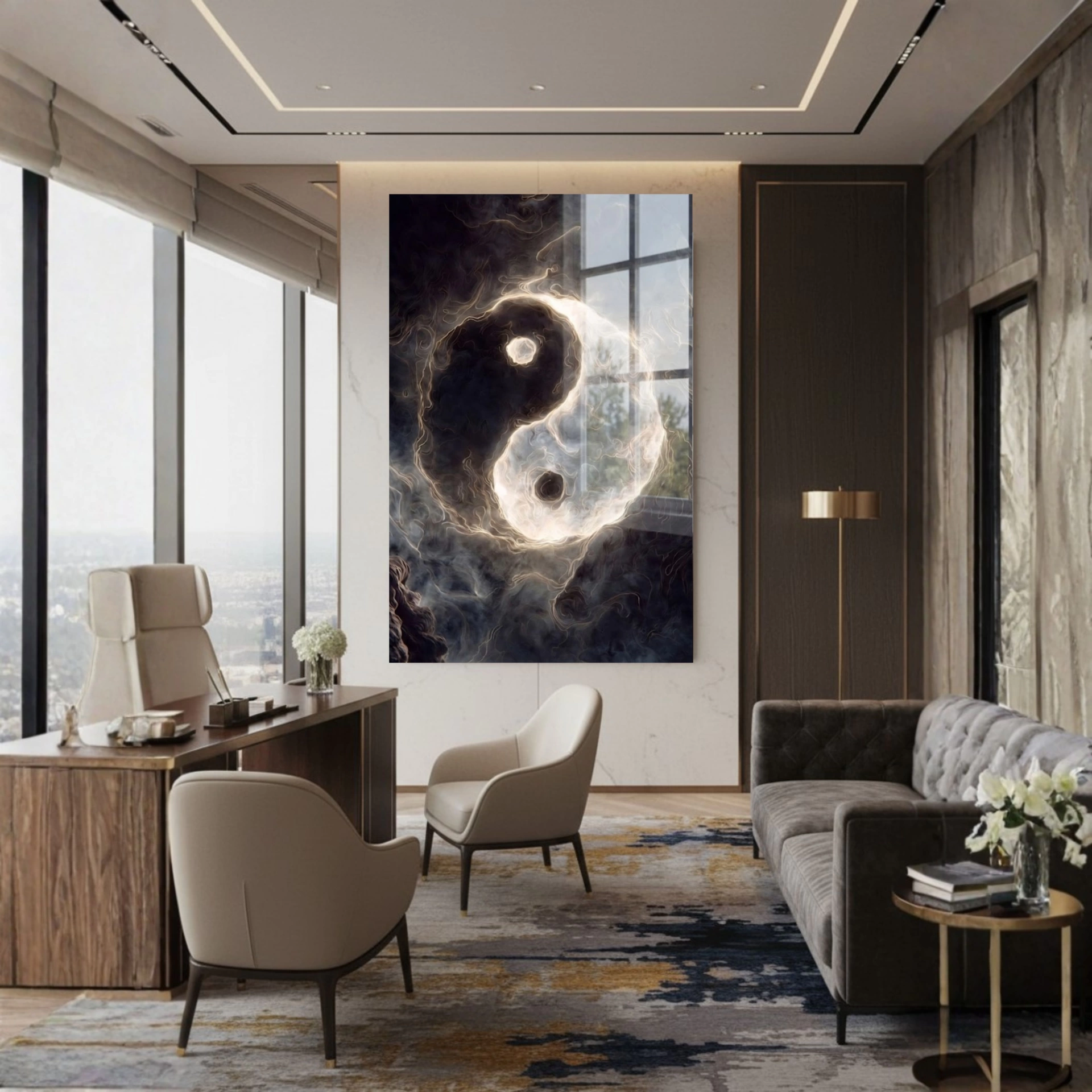 Yin Yang Enerji Dengesi Modern Ezoterik Cam Tablo