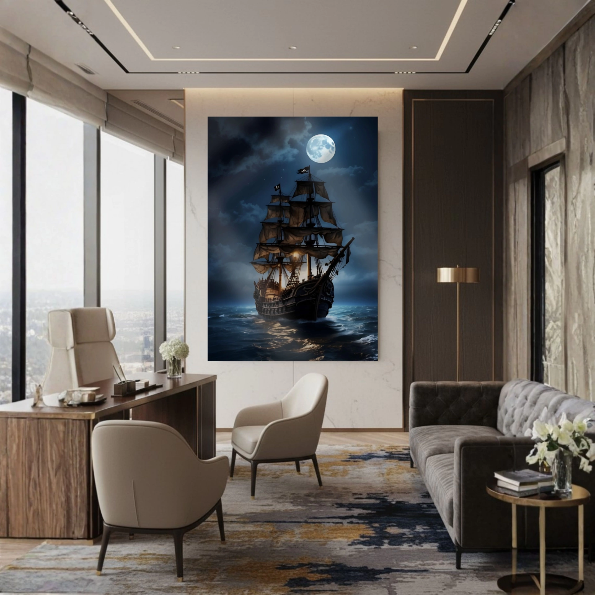 Dolunay ve Deniz Temalı Gece Yarısı Yelkenlisi Cam Tablo