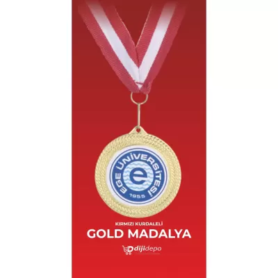 Baskılı Altın Madalya - Kırmızı Kurdeleli