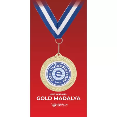 Baskılı Altın Madalya - Mavi Kurdeleli