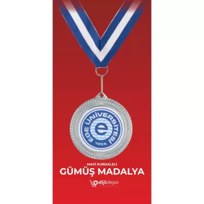 Baskılı Gümüş Madalya - Mavi Kurdeleli
