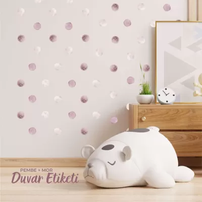 Pembe ve Mor Puantiye Desenli Çocuk Odası Duvar Etiketi - Suluboya Efektli Sticker