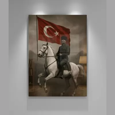 Atatürk At Üstünde Türk Bayraklı Cam Tablo