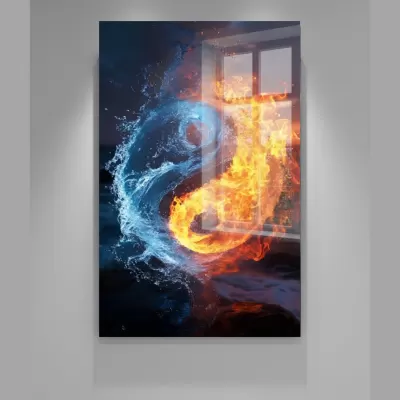 Ateş ve Su Yin Yang Cam Tablo