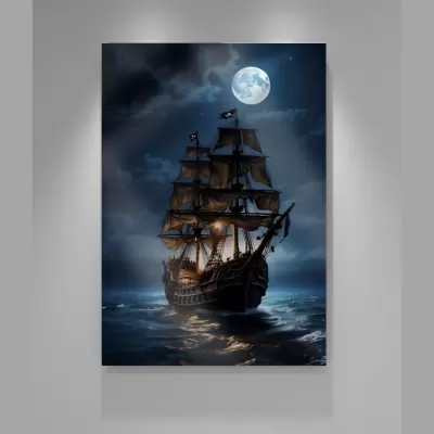 Dolunay ve Deniz Temalı Gece Yarısı Yelkenlisi Cam Tablo