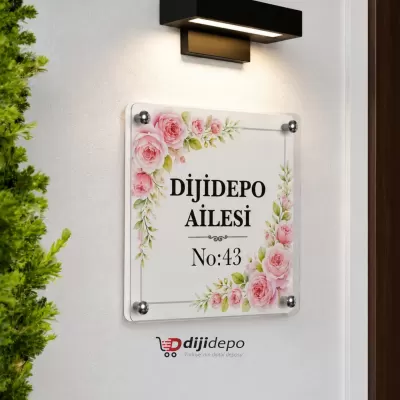 Pembe Güllü Kapı İsimliği - Sulu Boya Desenli Tabela Seti