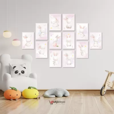 Yeşil Sevimli Tavşan Temalı Tablo Seti - Bebek Ve Çocuk Odası Duvar Tablo Seti