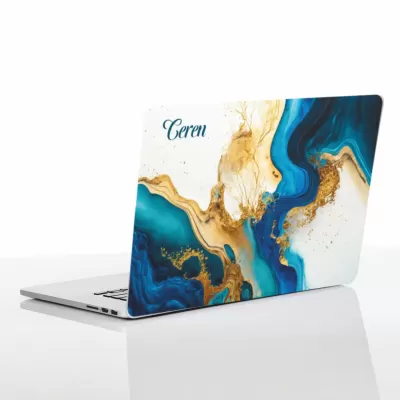 Mavi Altın Mermer Desenli Laptop Sticker – Şık Notebook Kaplama