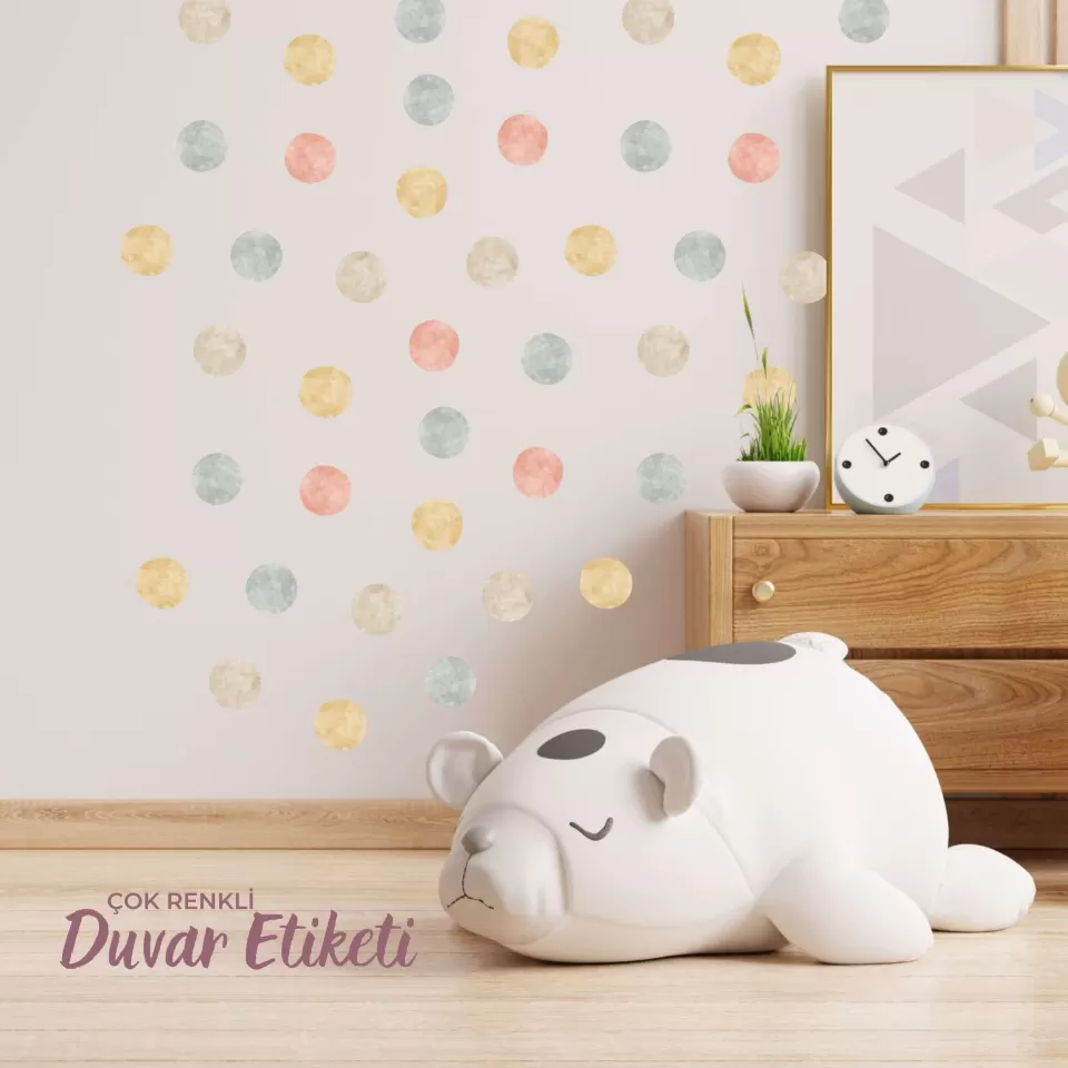 Çok Renkli Puantiye Desenli Çocuk Odası Duvar Etiketi - Suluboya Efektli Sticker
