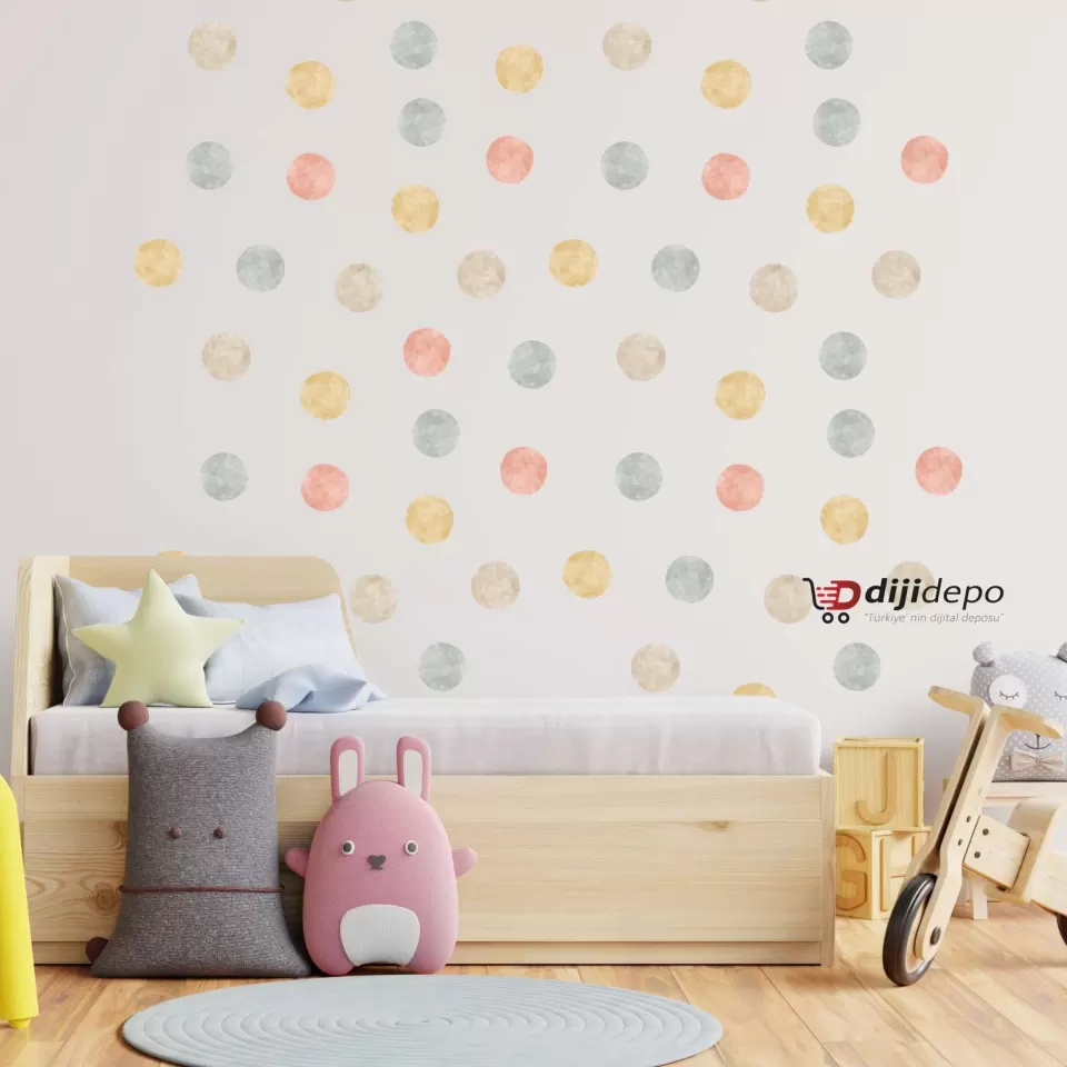 Çok Renkli Puantiye Desenli Çocuk Odası Duvar Etiketi - Suluboya Efektli Sticker