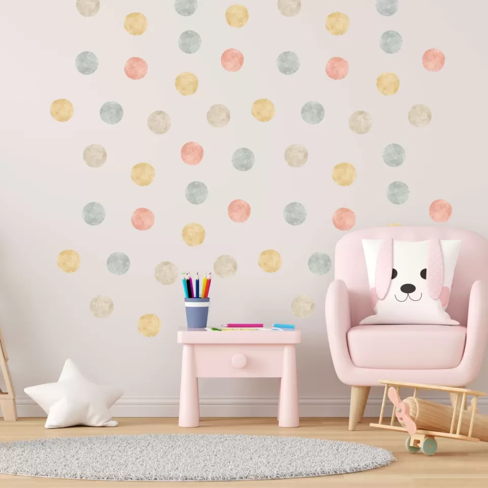 Çok Renkli Puantiye Desenli Çocuk Odası Duvar Etiketi - Suluboya Efektli Sticker