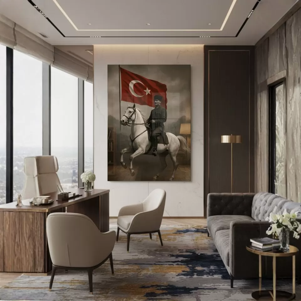 Atatürk At Üstünde Türk Bayraklı Cam Tablo