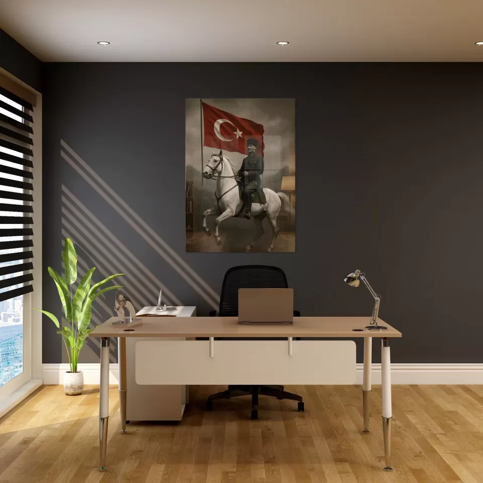 Atatürk At Üstünde Türk Bayraklı Cam Tablo