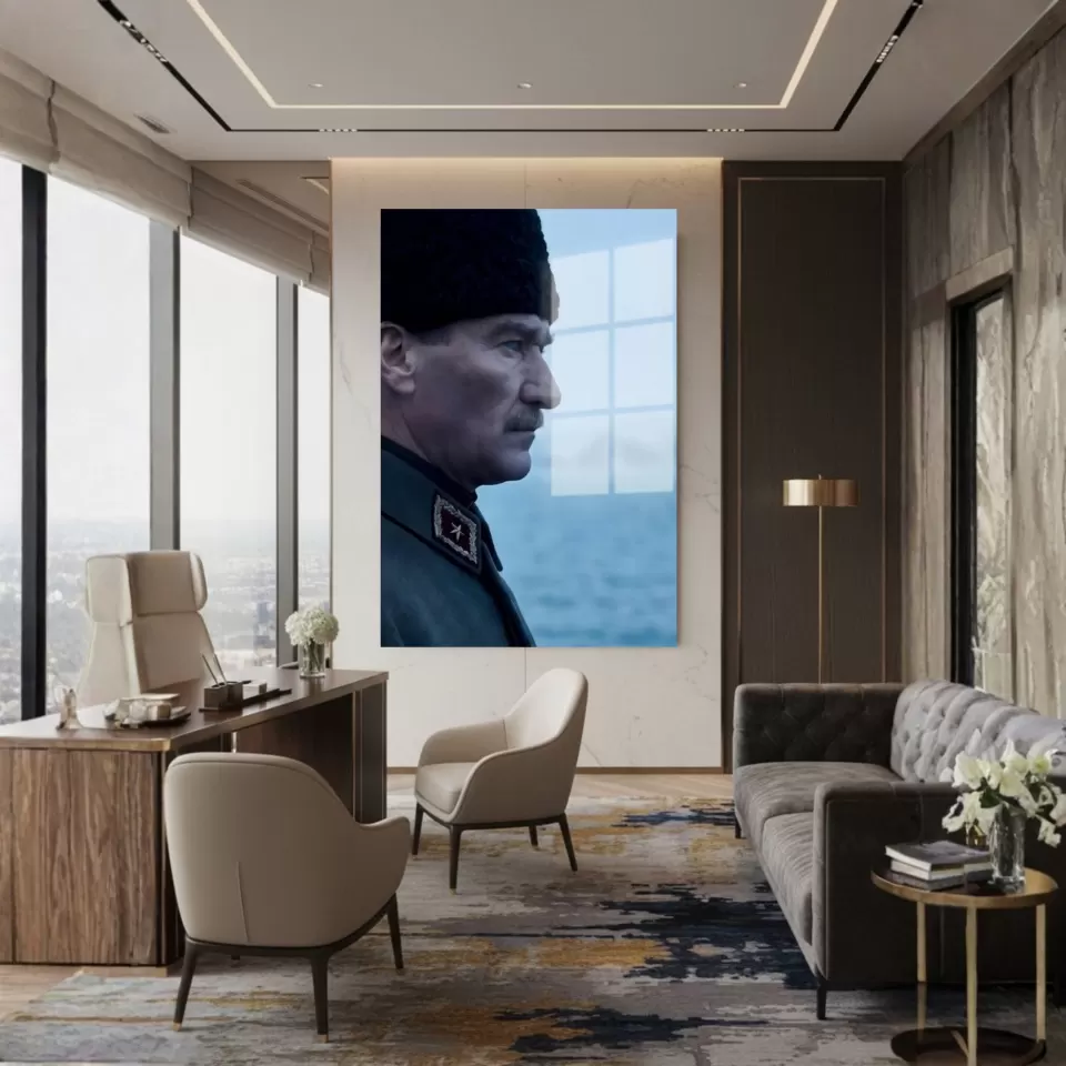 Atatürk Kalpaklı ve Deniz Temalı Cam Tablo