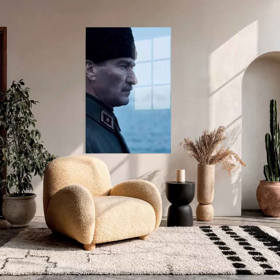 Atatürk Kalpaklı ve Deniz Temalı Cam Tablo