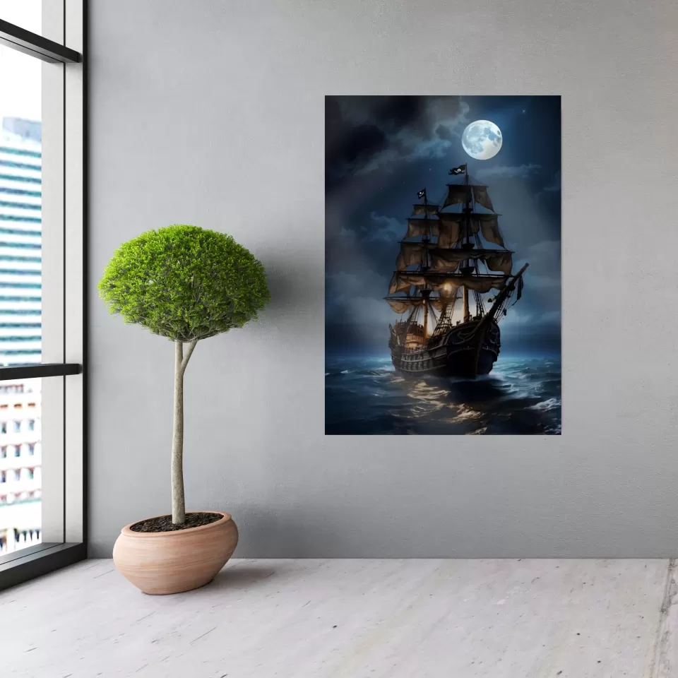 Dolunay ve Deniz Temalı Gece Yarısı Yelkenlisi Cam Tablo