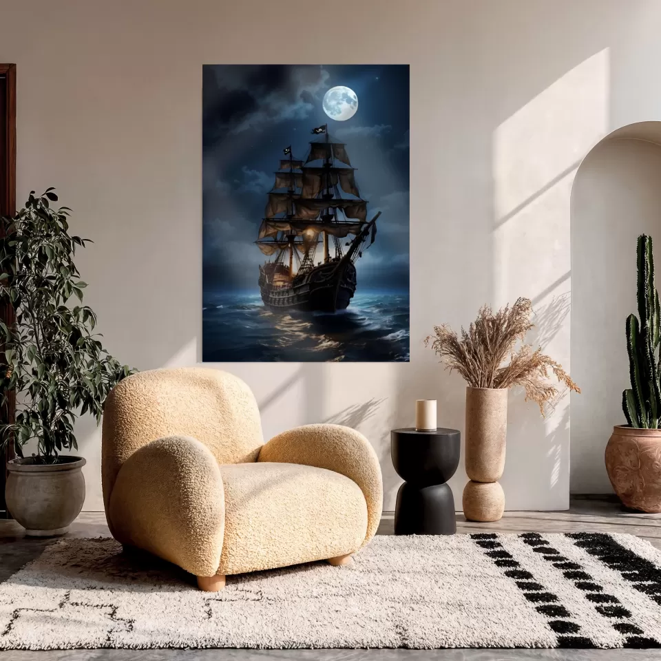 Dolunay ve Deniz Temalı Gece Yarısı Yelkenlisi Cam Tablo