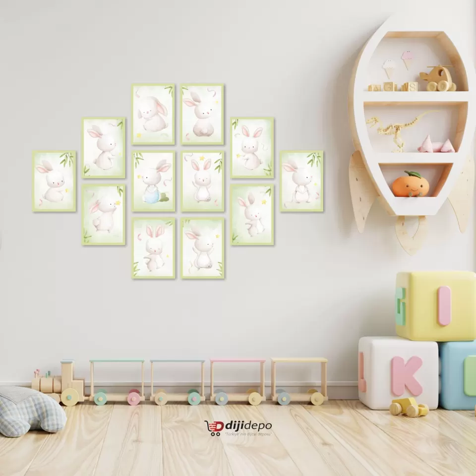 Yeşil Sevimli Tavşan Temalı Tablo Seti - Bebek Ve Çocuk Odası Duvar Tablo Seti