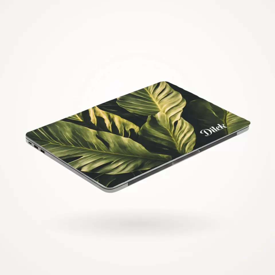 Tropikal Yeşil Yaprak Desenli Laptop Etiketi