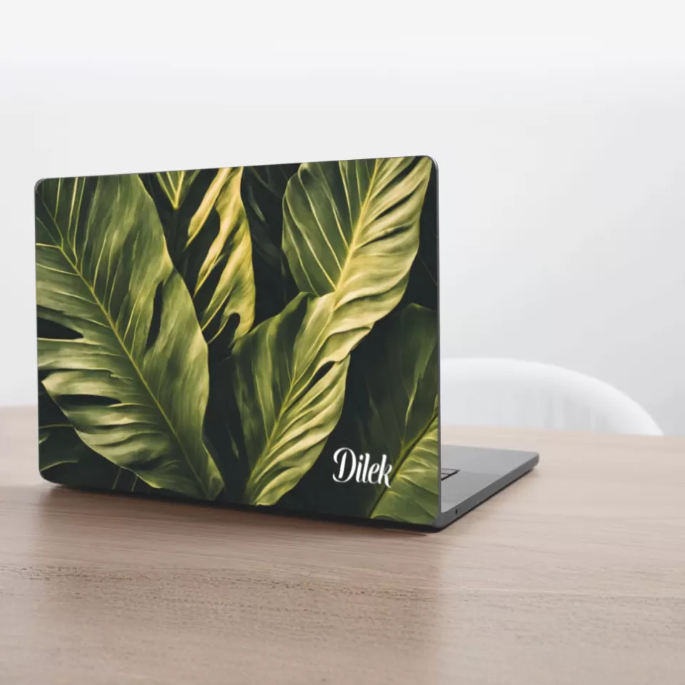 Tropikal Yeşil Yaprak Desenli Laptop Etiketi