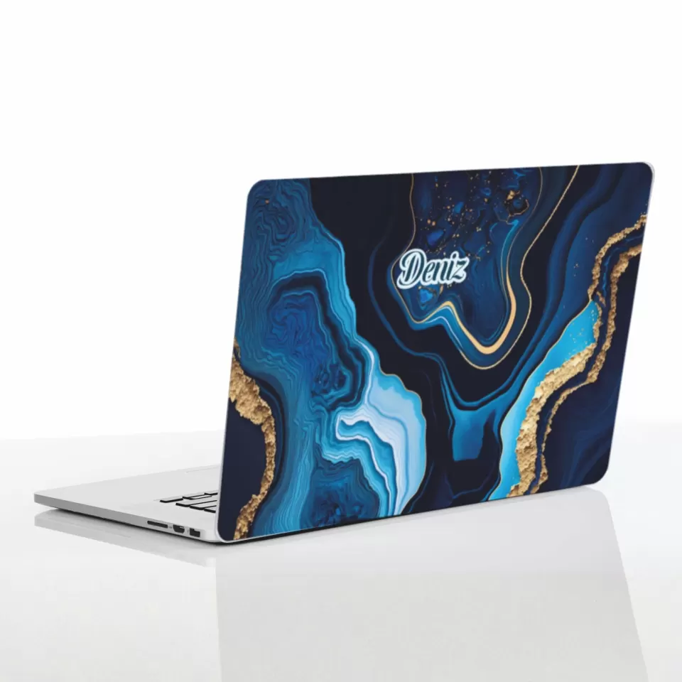 Lacivert Mavi Mermer ve Altın Varak Desenli Laptop Etiketi